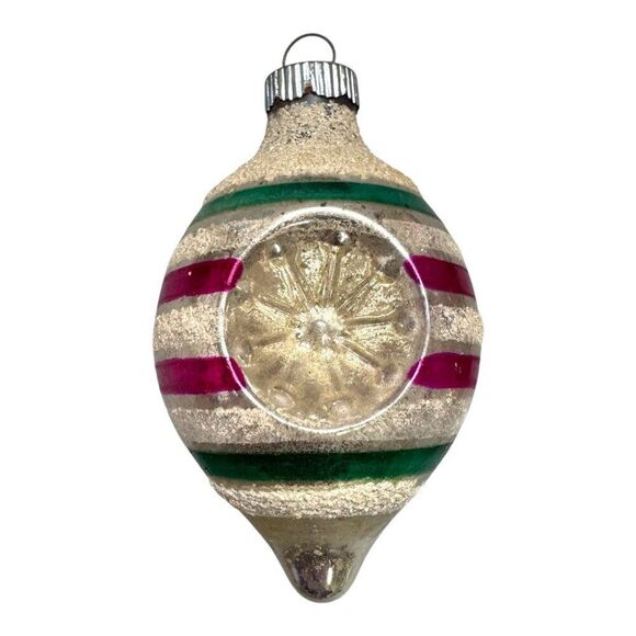 Shiny Brite Christmas Ornament Reflector Pink Green White Stripes Vintage Indent - Picture 1 of 5